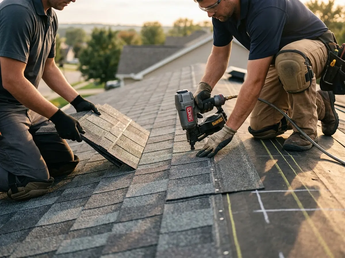 Professional roofer working on a residential roof in Coachella